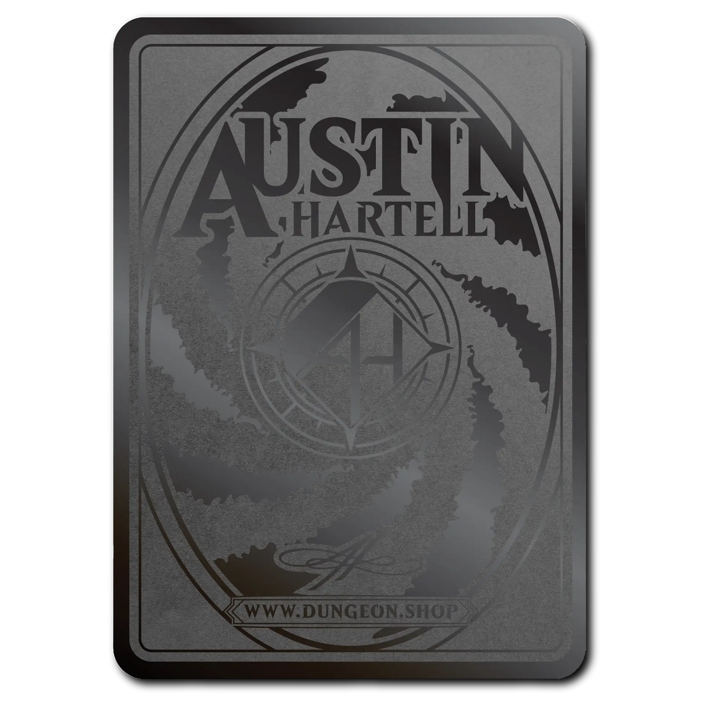 Back View of a Metal Token for MTG Magic the Gathering and other TCGs. It is a polished and engraved metal surface, depicting the Dungeon Artist Logo, the name of the Artist, Austin Hartell, his signature, and the website Dungeon.Shop
