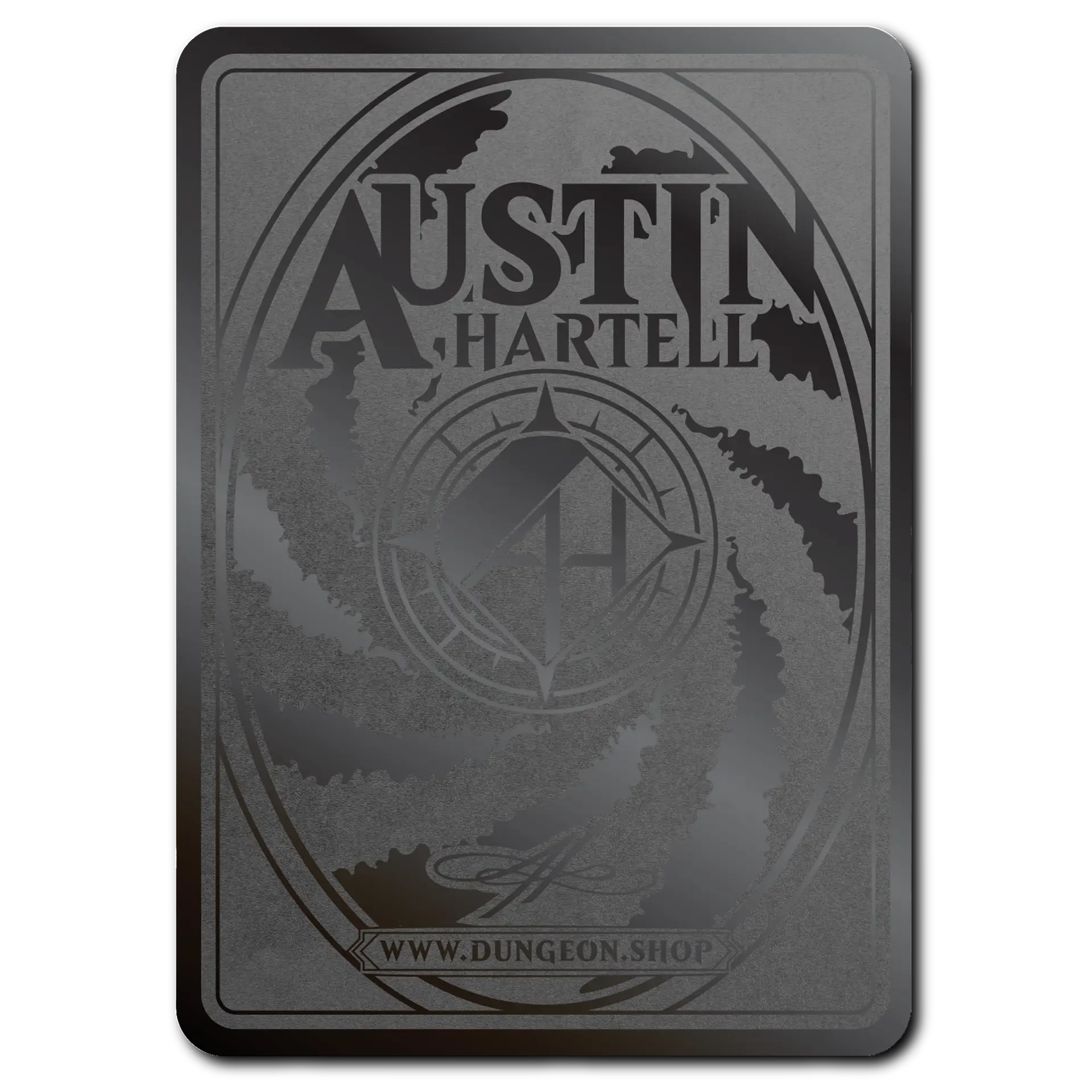 Back View of a Metal Token for MTG Magic the Gathering and other TCGs. It is a polished and engraved metal surface, depicting the Dungeon Artist Logo, the name of the Artist, Austin Hartell, his signature, and the website Dungeon.Shop