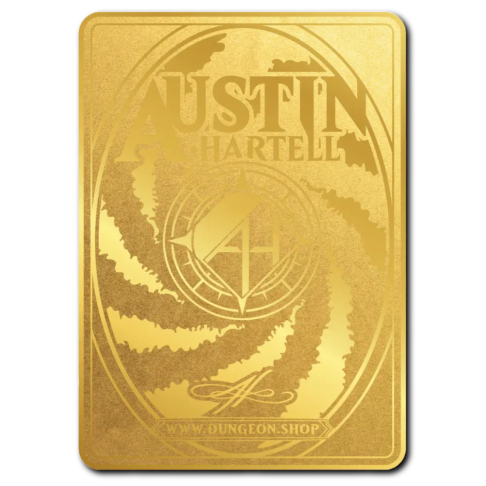 Back View of a Metal Token for MTG Magic the Gathering and other TCGs. It is a polished and engraved metal surface, depicting the Dungeon Artist Logo, the name of the Artist, Austin Hartell, his signature, and the website Dungeon.Shop
