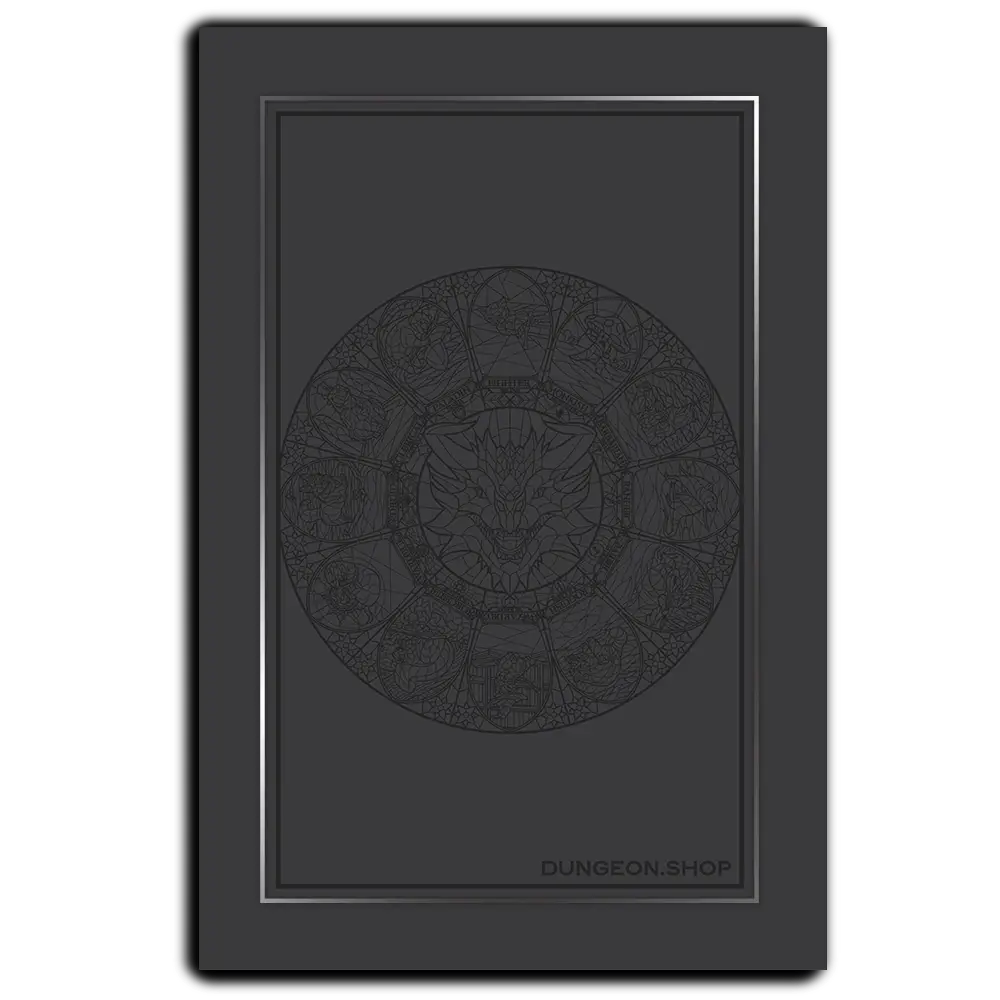 Back View of the Class-y Critters Postcard. It is a soft-touch black design, depicting all of the classes from Dungeons and Dragons in a circular design and Dungeon.Shop in the bottom-right corner. There is a silver embossed foil border surrounding the design on the back of the postcard.